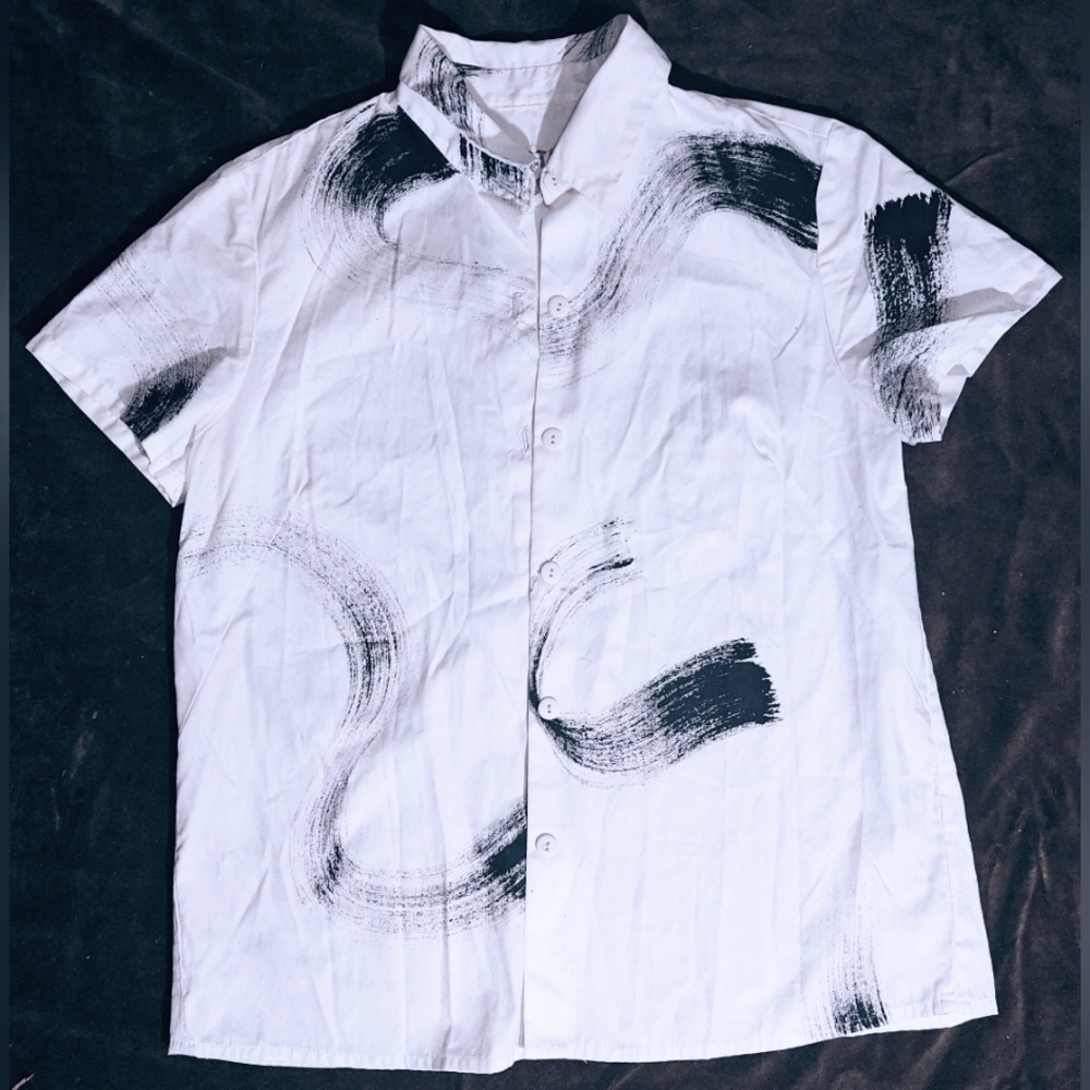 Hand-Painted Custom Plastic Foliage Button Dress Shirt Womens Sz XS